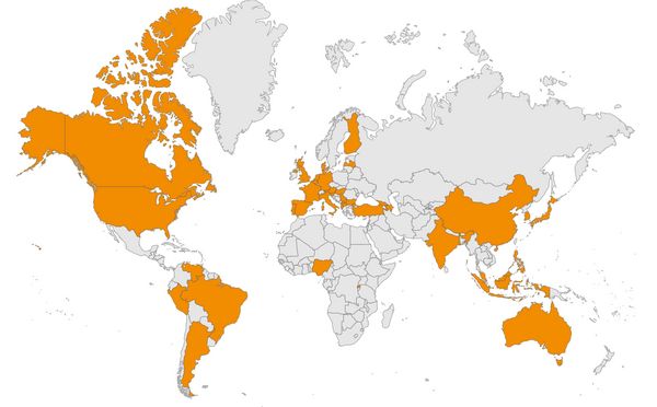 World map with all EconBiz partner countries marked in orange