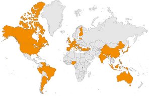 World map with all EconBiz partner countries marked in orange 